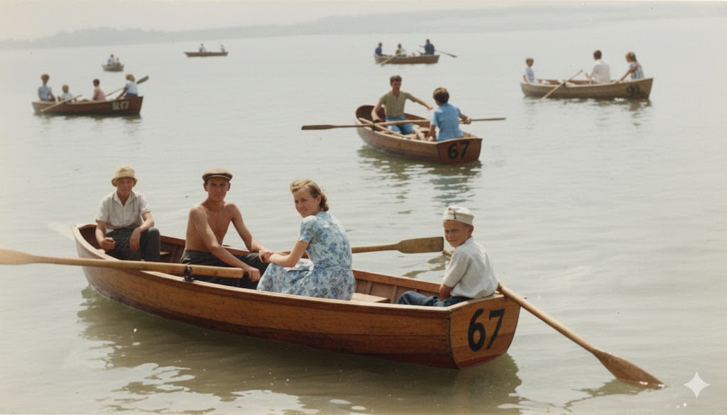 Three brothers and Mom in a boat